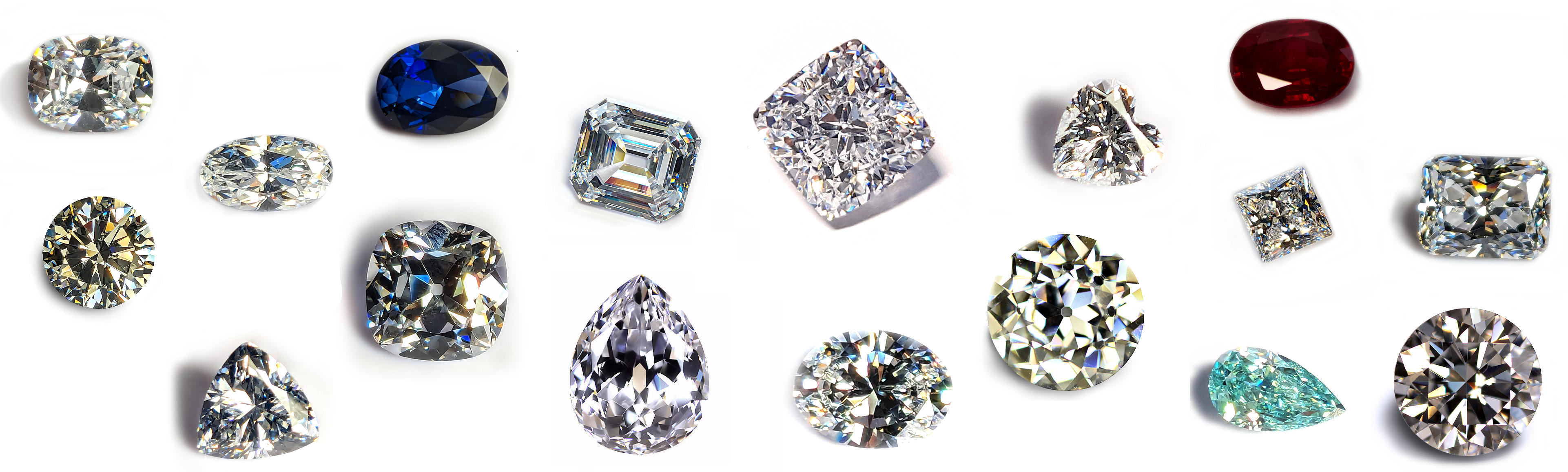 Selection of loose cubic zirconia gemstones in different cuts and shapes