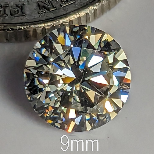 6A, Cubic Zirconia, 6A Quality, Round Brilliant 8 Hearts & Arrows, Warm (H-J), 9mm (2.76ct)