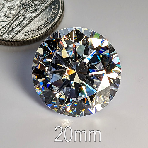 6A, Cubic Zirconia, 6A Quality, Round Brilliant 8 Hearts & Arrows, White, 20mm (28.8ct)