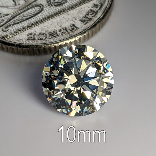 6A, Cubic Zirconia, 6A Quality, Round Brilliant 8 Hearts & Arrows, Warm (K-M), 10mm (3.8ct)