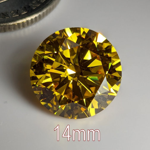 6A, Cubic Zirconia, Round Brilliant 8 Hearts & Arrows, Citrine, 14mm (10.4ct)
