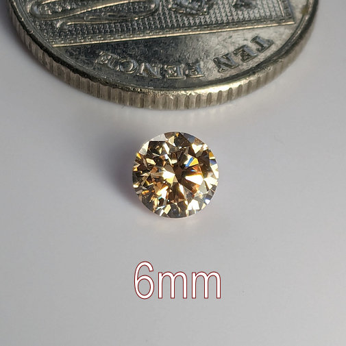 6A, Cubic Zirconia, 6A Quality, Round Brilliant 8 Hearts & Arrows, Light Champagne, 6mm (0.78ct)