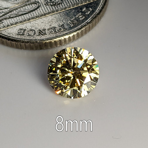 6A, Cubic Zirconia, 6A Quality, Round Brilliant 8 Hearts & Arrows, Canary Yellow, 8mm (1.84ct)