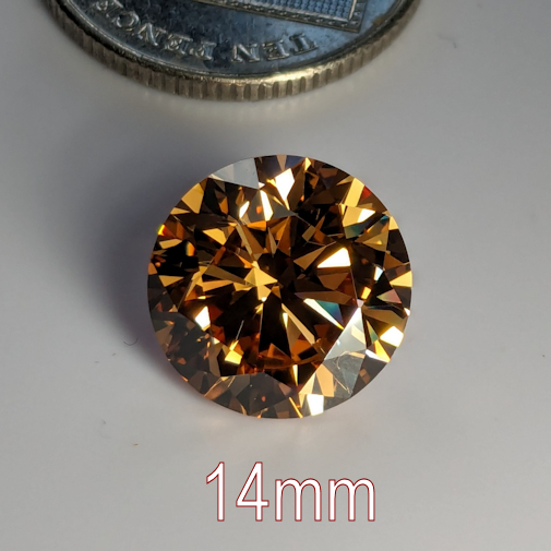 6A, Cubic Zirconia, Round Brilliant 8 Hearts & Arrows, Champagne, 14mm (10.4ct)